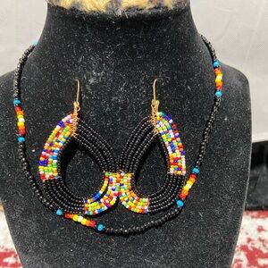 Black and Vibrant Color Seed Bead Pierced Earrings and Necklace